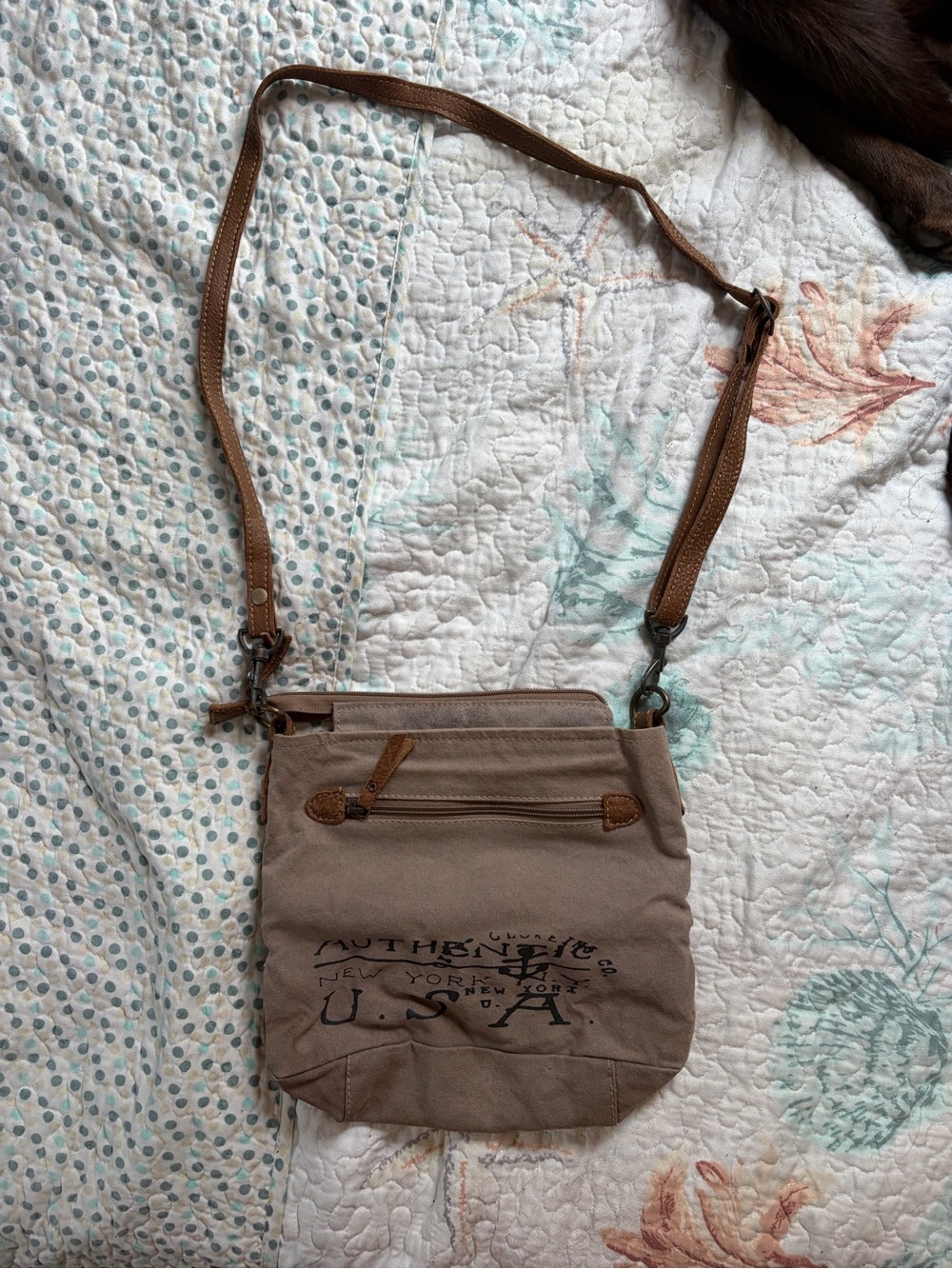 Myra Canvas Crossbody Bag with Tan Leather Trim